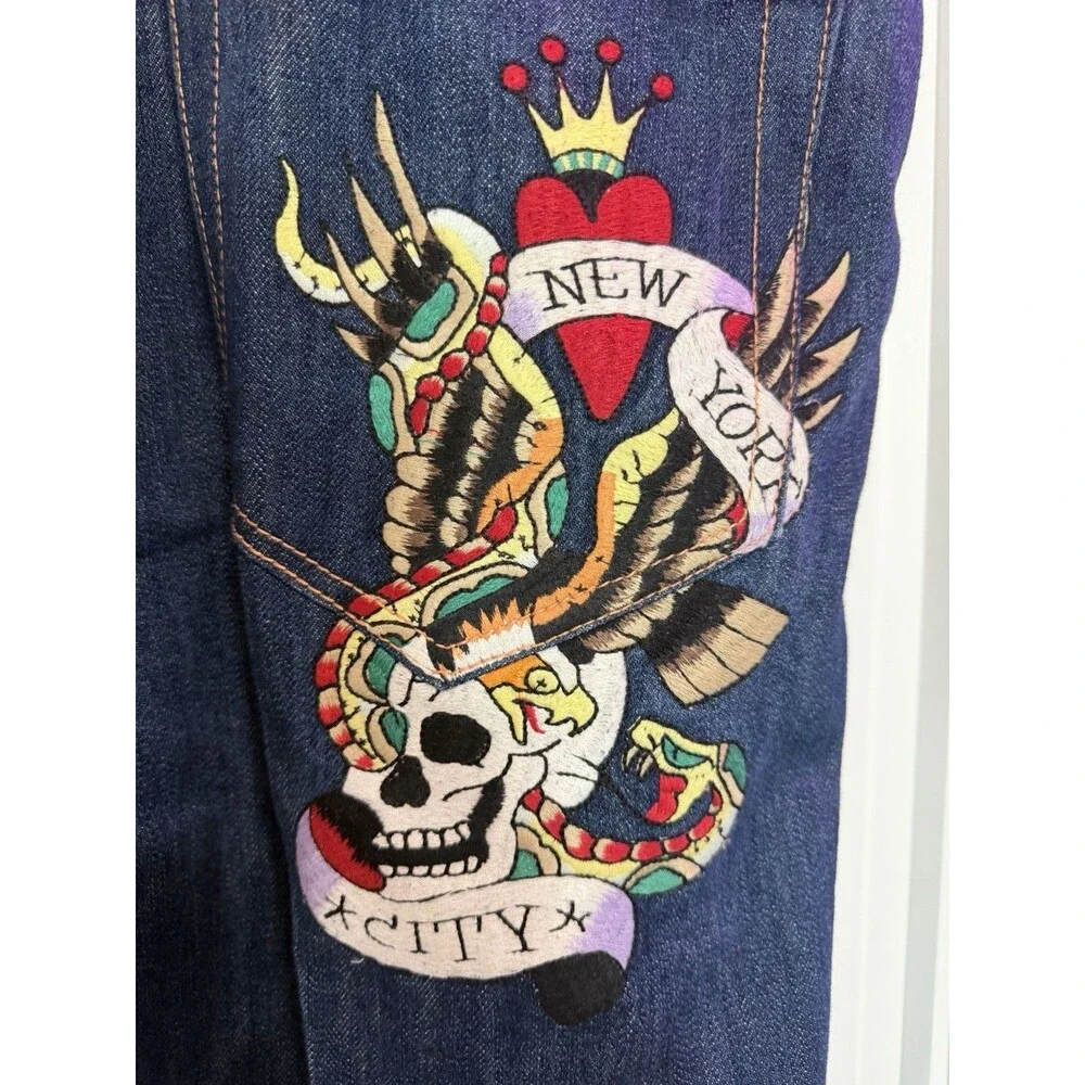 Ed Hardy Men’s Blue Dark Wash Straight Denim Jeans Embroidered Skull Distressed